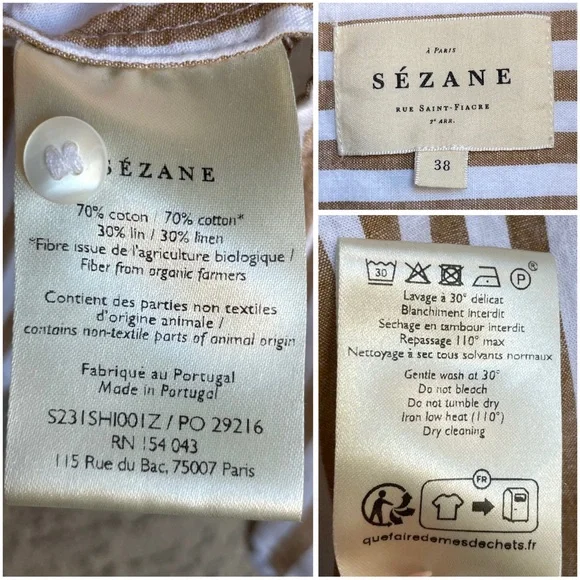 SEZANE Camel Tan & White Ecru Linen Cotton Striped Button Down Tomboy Shirt - Picture 15 of 17